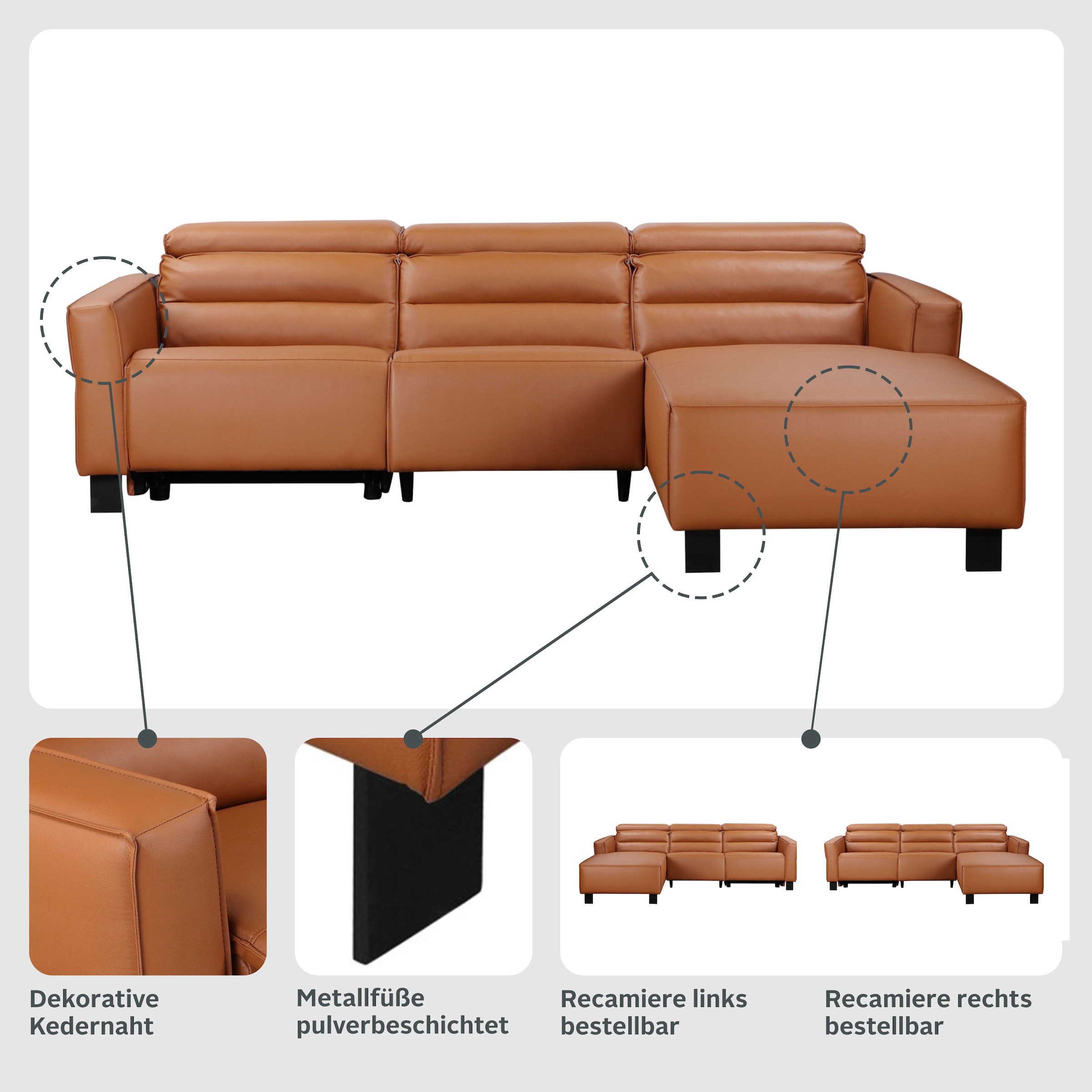 Home affaire Ecksofa »Carpari, L-Form, 263 cm, manuelle o. elektrische Relaxfunktion,« USB A/C und Kopfteilverstellung