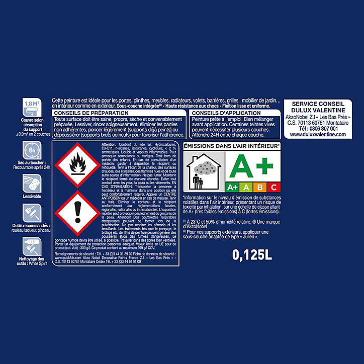 Peinture laque pour boiseries Valénite Dulux Valentine brillant blanc 0,125L
