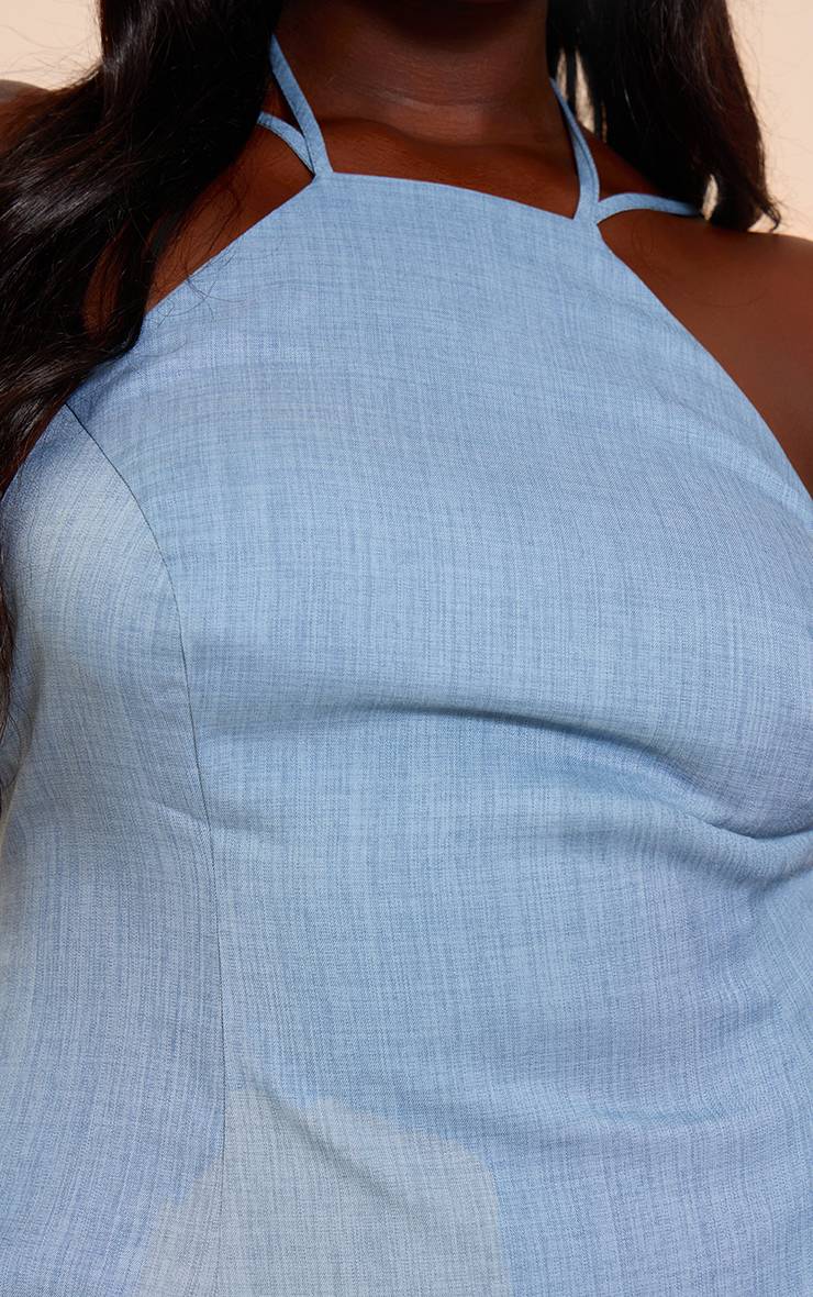 Steel Blue Robe Mini Trapèze Grande Taille Tissée À Encolure Américaine