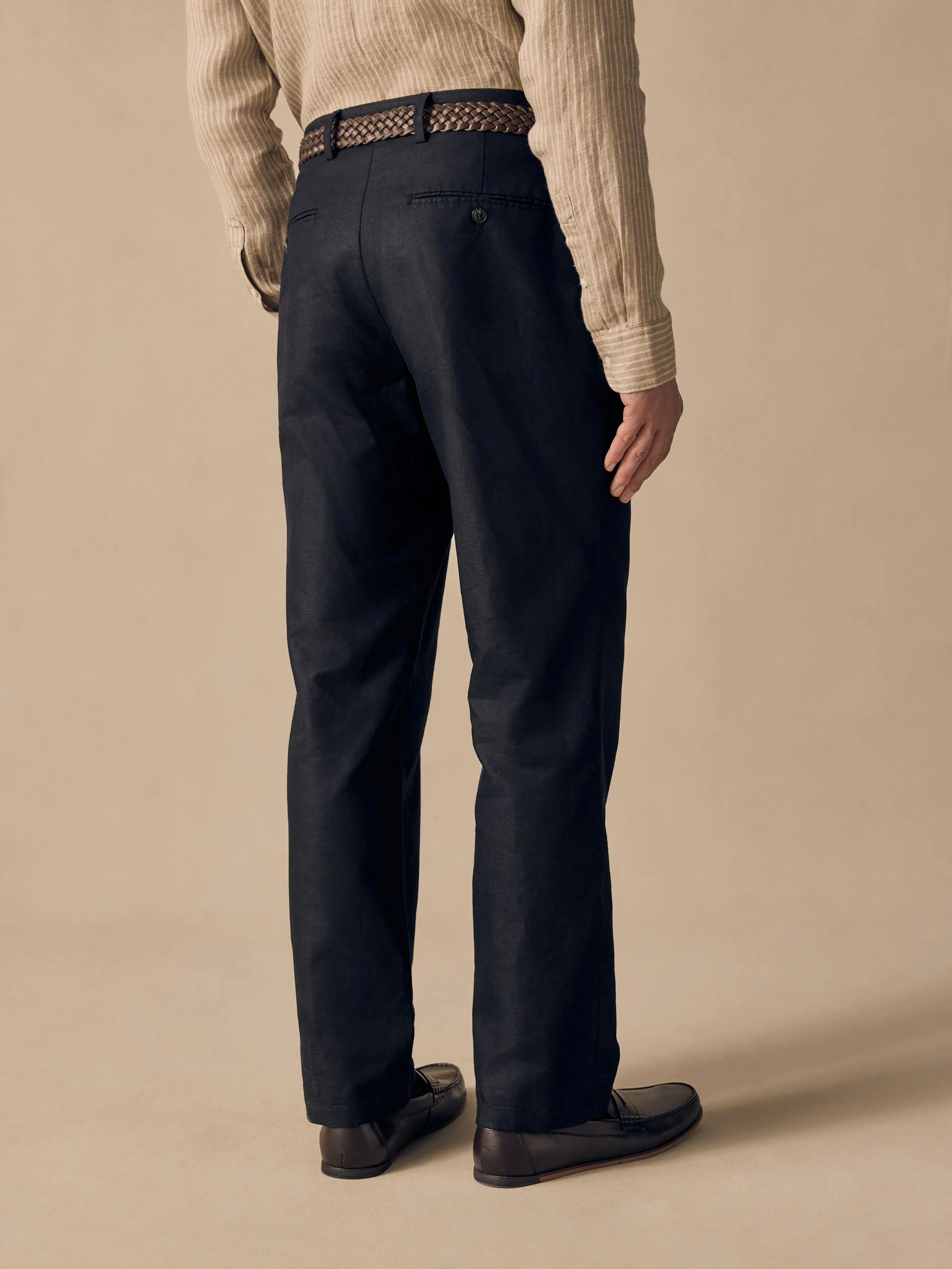 Zwart - Regular fit linnen-katoenmix broek met ceintuur