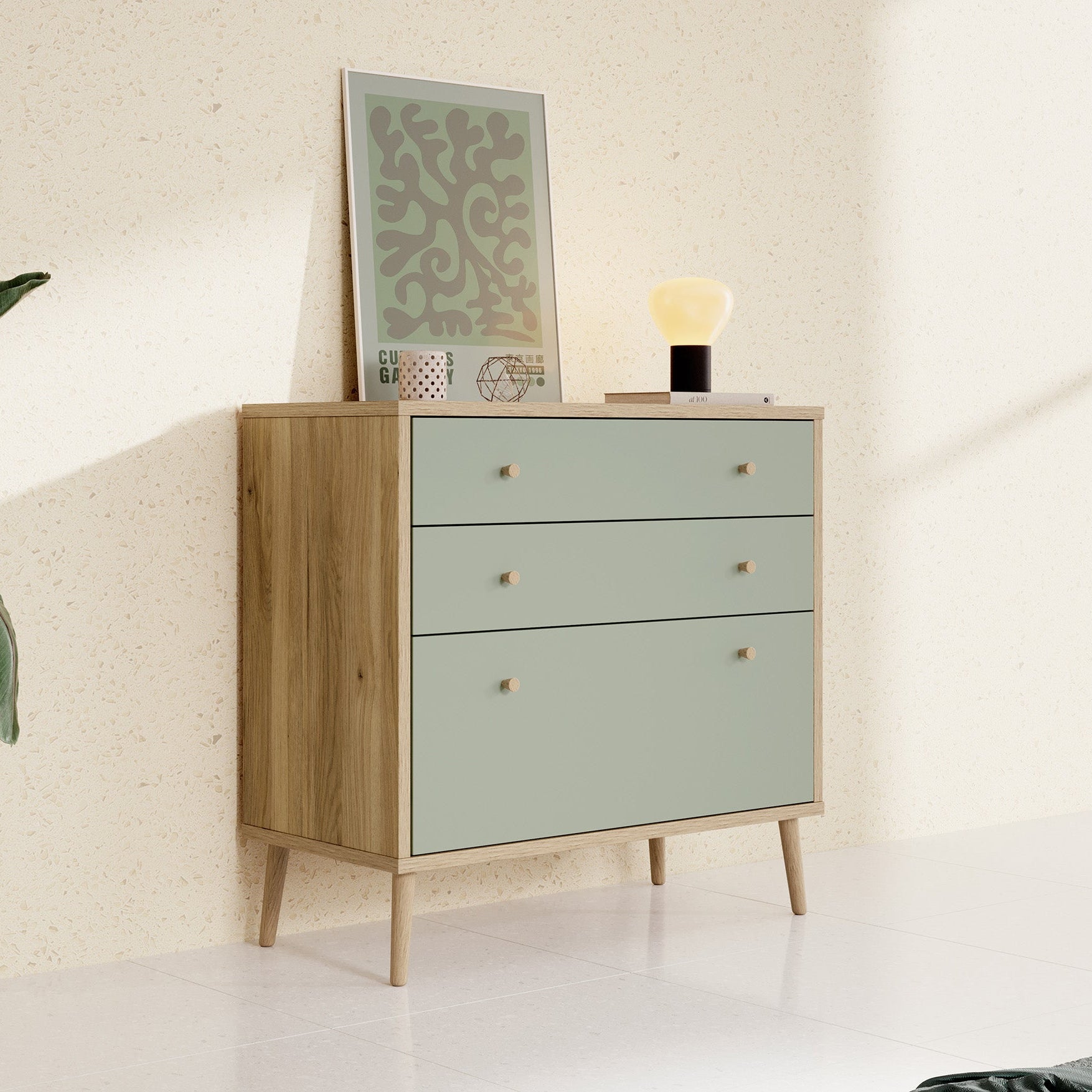 Ladekast Wally - Licht eiken - Groen - 90 cm