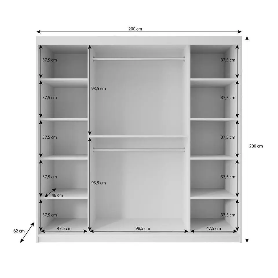 Meubella - Kledingkast Pete - Zwart - 200 cm - Met spiegel