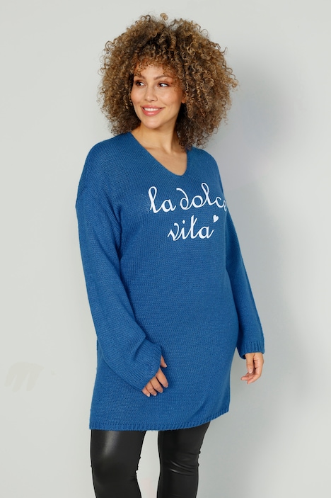 Long-Pullover, Schriftzug, V-Ausschnitt, Langarm