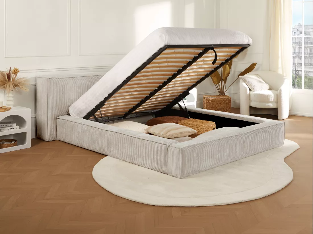 Lit coffre 140 x 190 cm - Velours côtelé - Beige + Matelas - TIMANO de Pascal Morabito