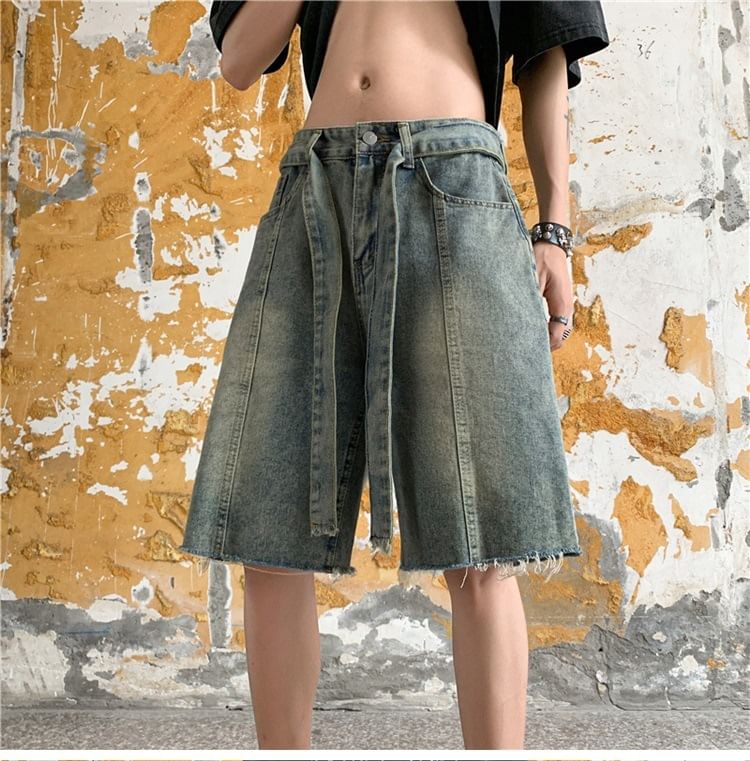Hushgrain - Laag uitgesneden, gewassen, gerafelde, wijde denim shorts