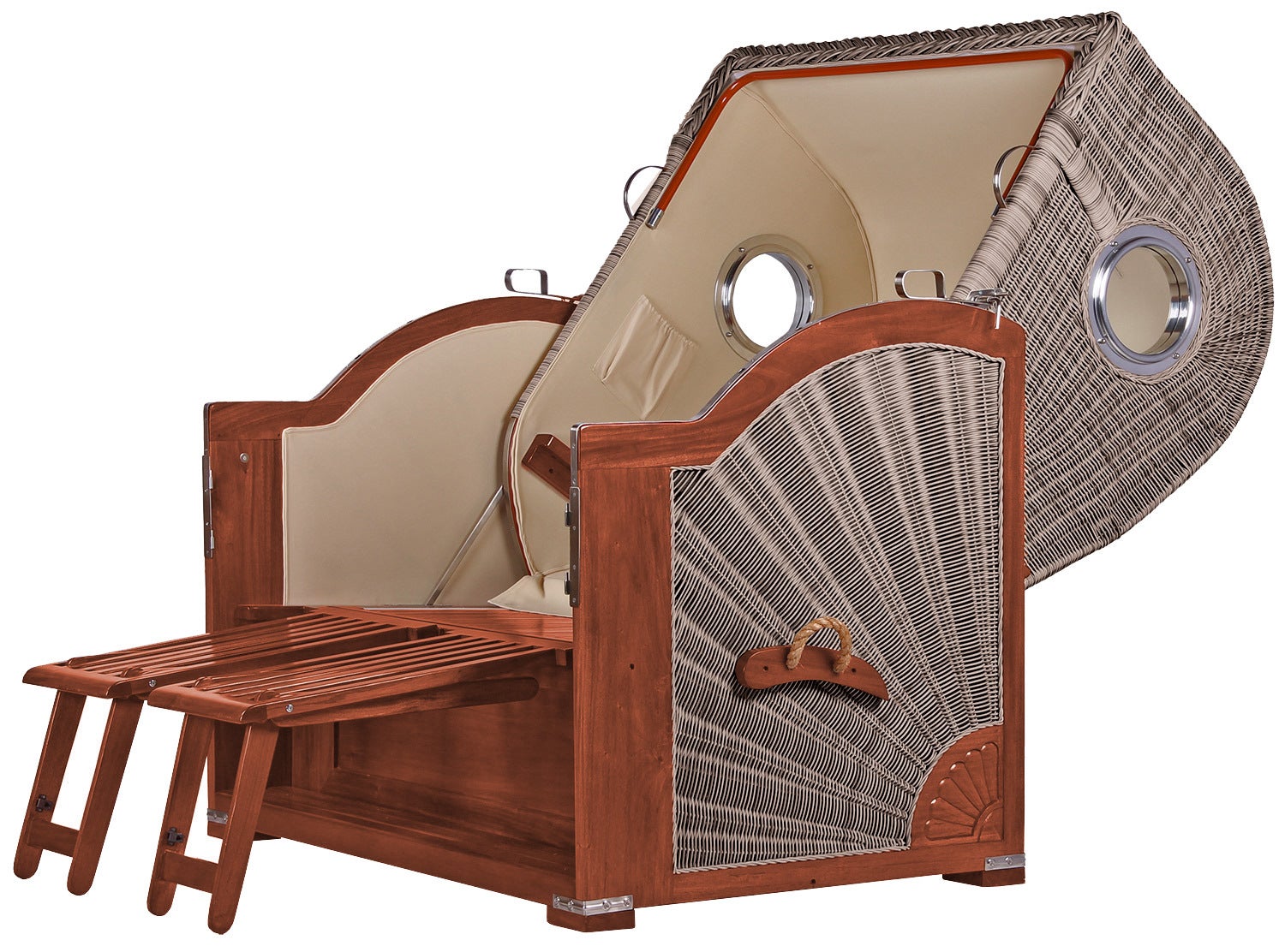 Westerland strandstoel, mahonie, patrijspoort, PE grijs, design 518