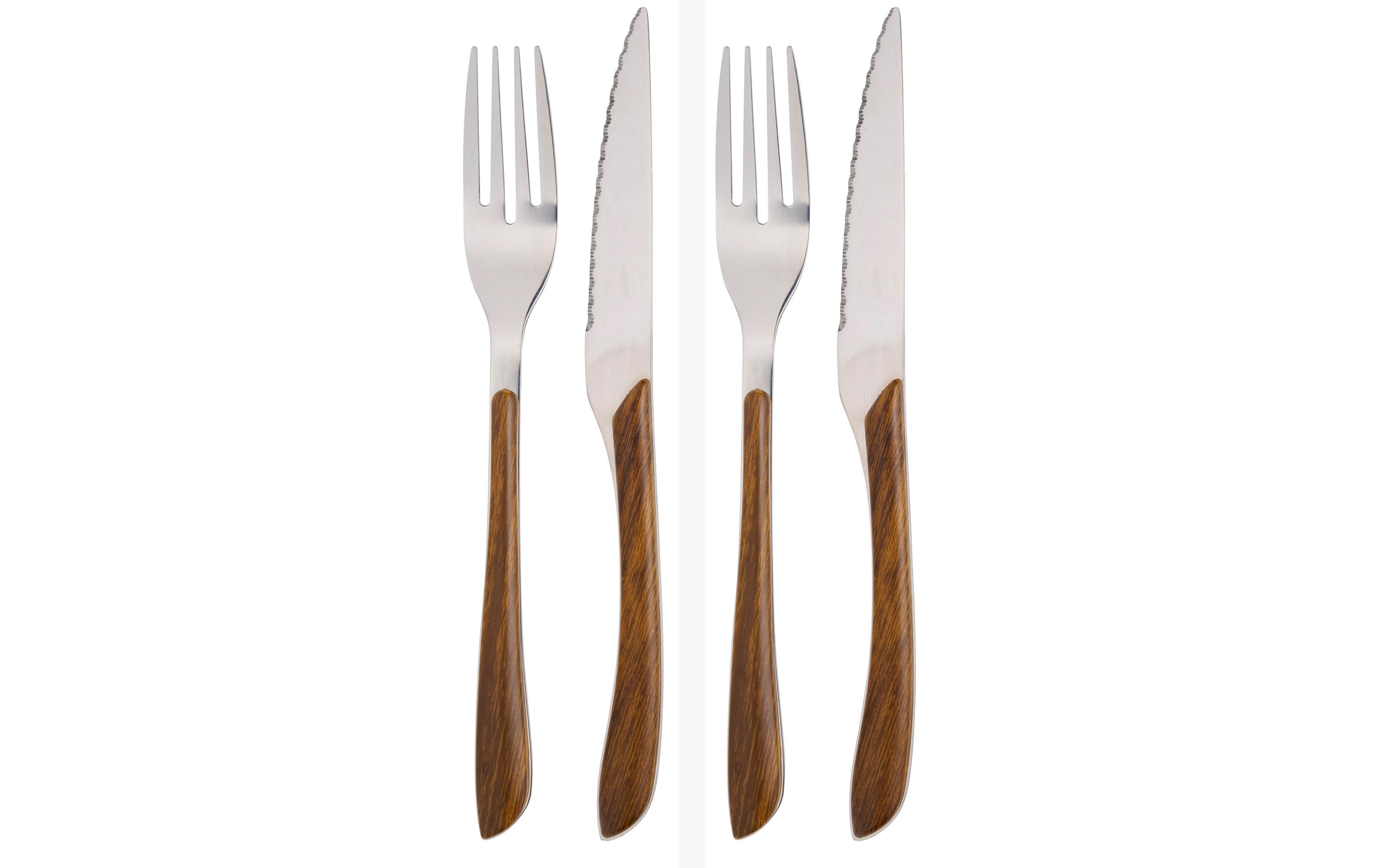 Besteck-Set 4-teilig, BraunEdelstahl Besteck mit Holzgriff