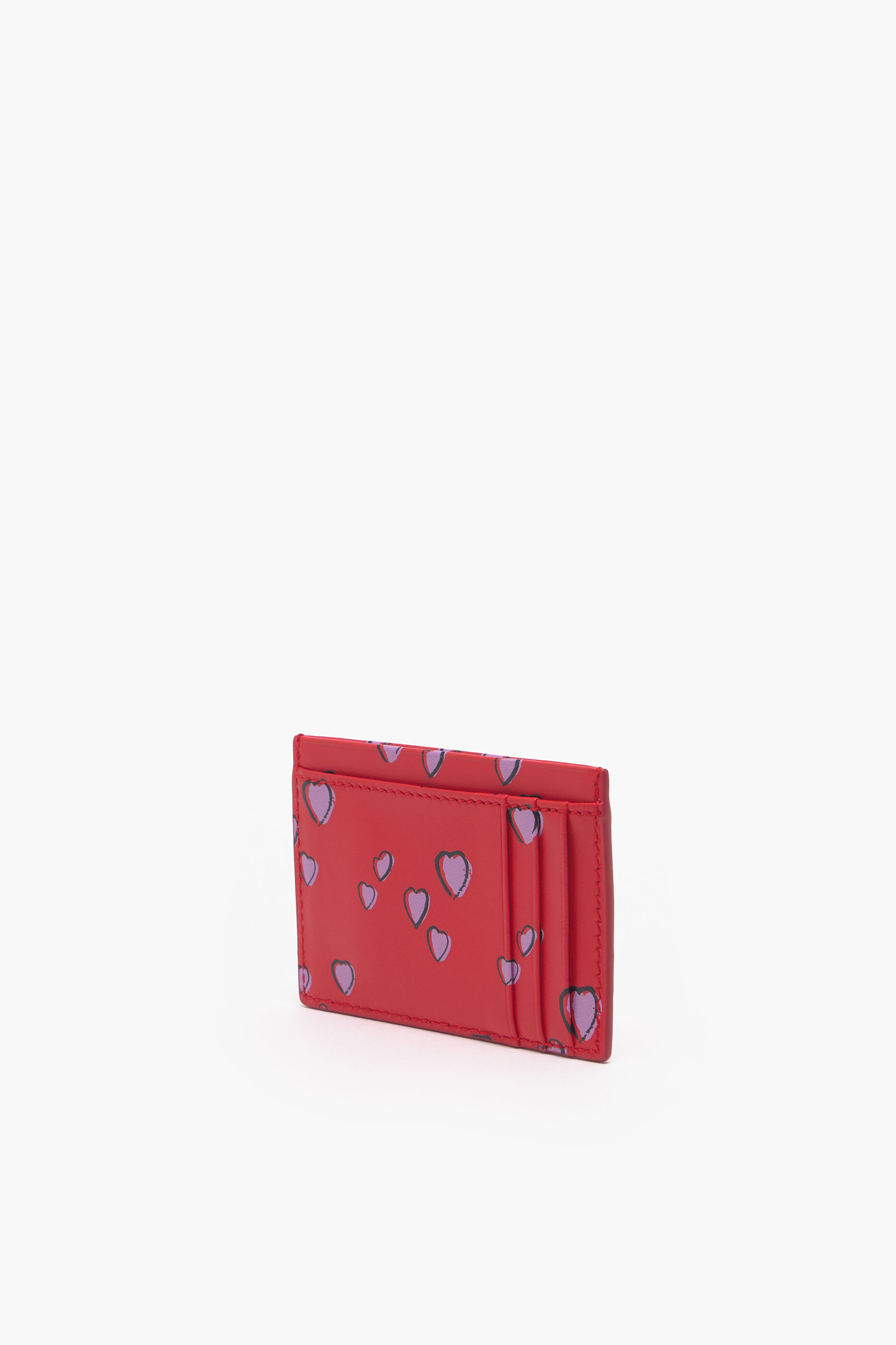 Porta-cartões de couro com estampa de pequenos corações, vermelho