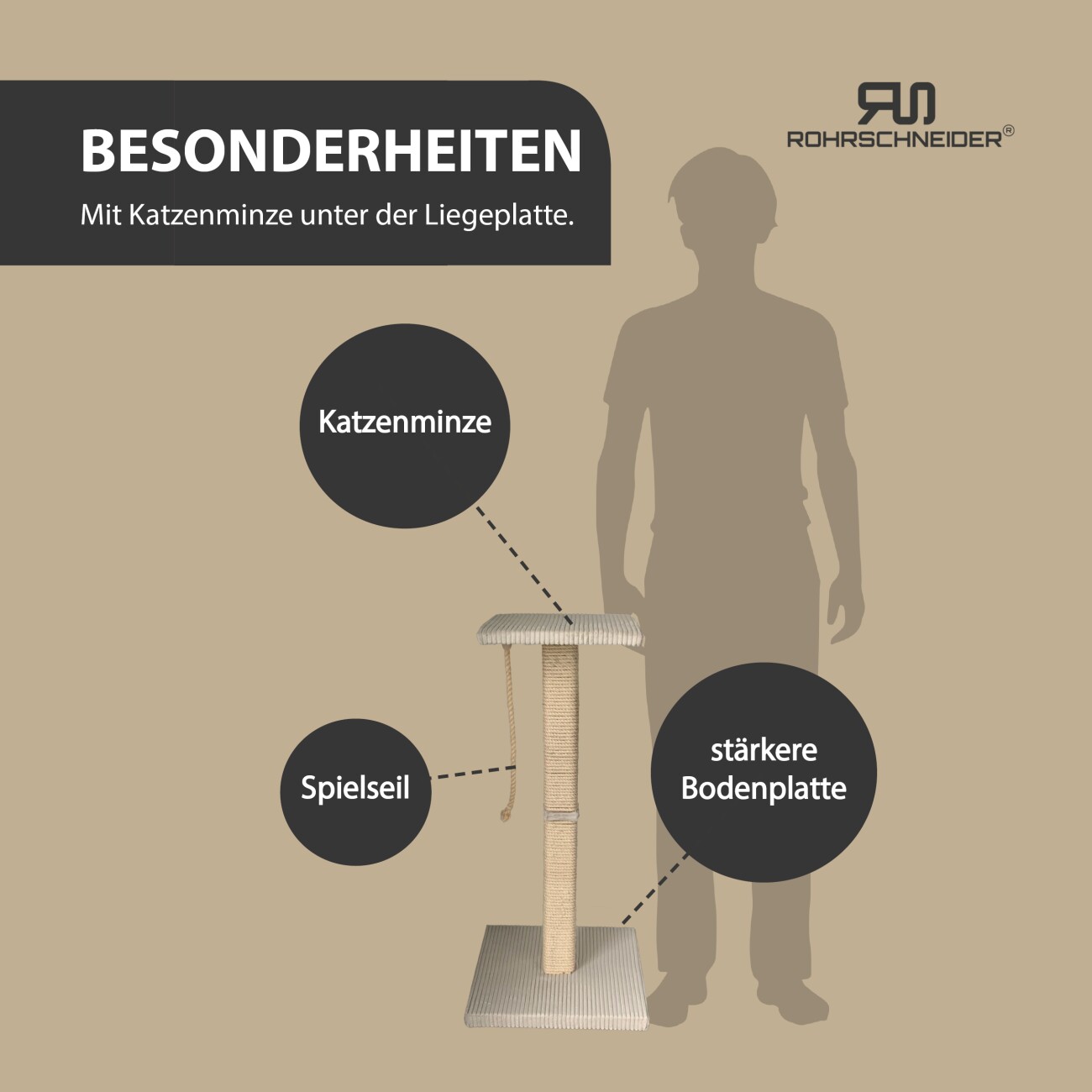 Rohrschneider ® Katzenbaum Emmi mit Vollholz-Holm und Gratis-Beigabe beige 45 cm, 77 cm, 45 cm