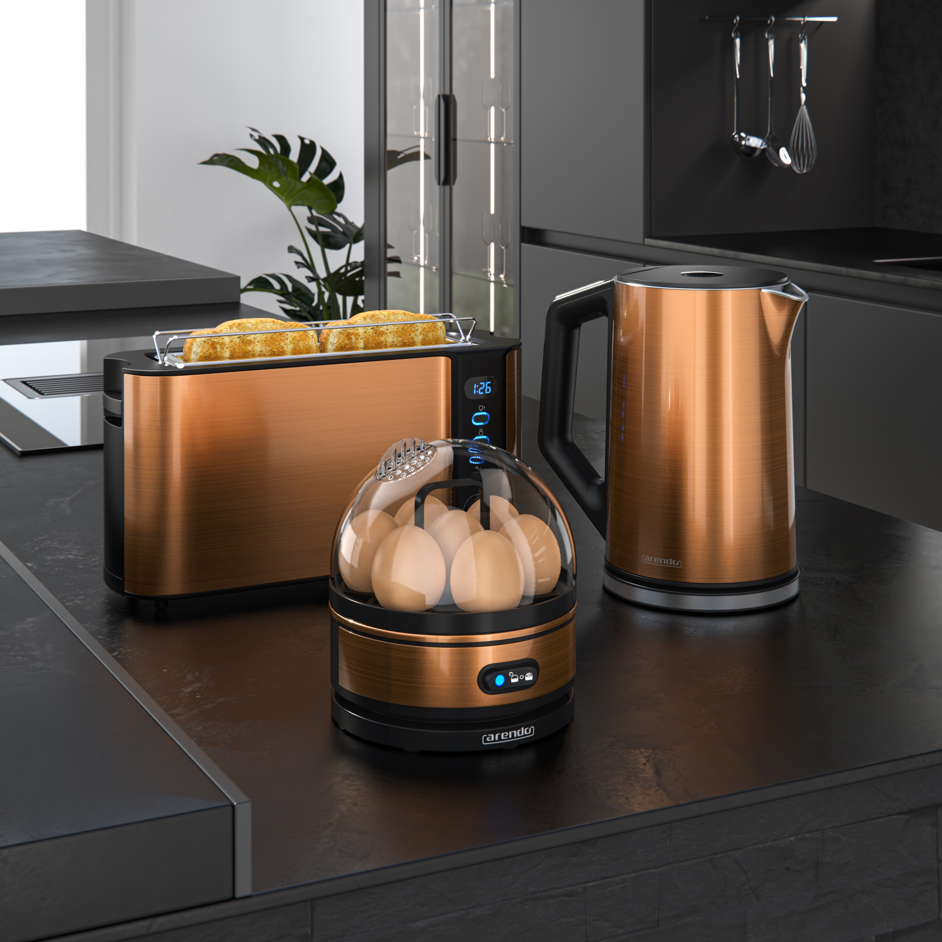 Arendo - Wasserkocher mit Toaster und Eierkocher SET Edelstahl Kupfer Wasserkocher 1,5L 40° - 100°C, Toaster 2 Scheiben LED-Display 6 Bräunungsgrade