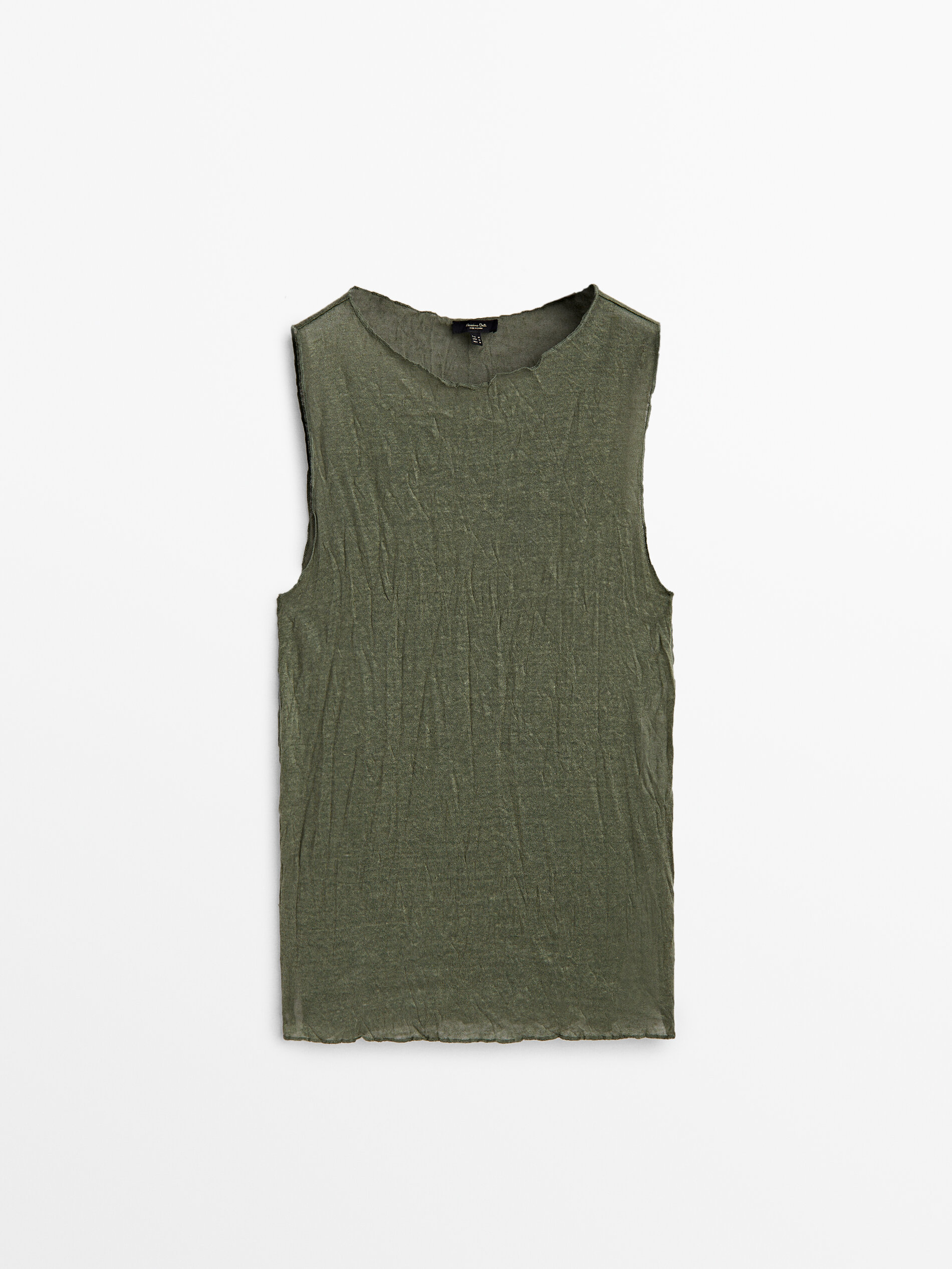 Camiseta em mistura de linho com efeito amassado - CÁQUI CLARO