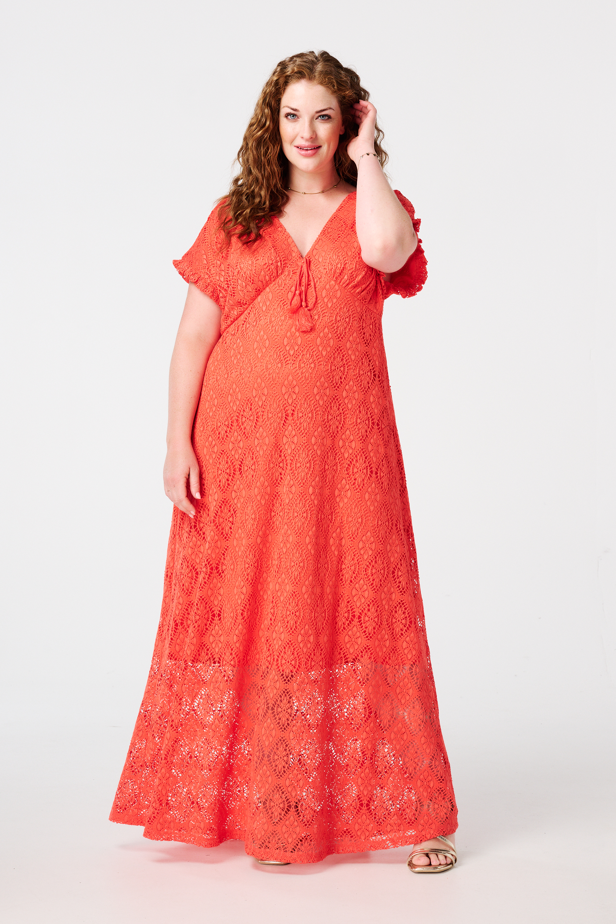 Maxi jurk met gehaakte look Koraal rood