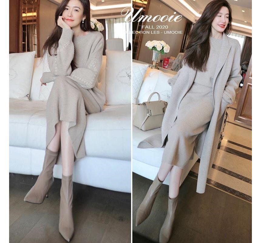 Lewwe - Set: Ronde hals effen pointelle gebreide trui + hoge taille split midi kokerrok