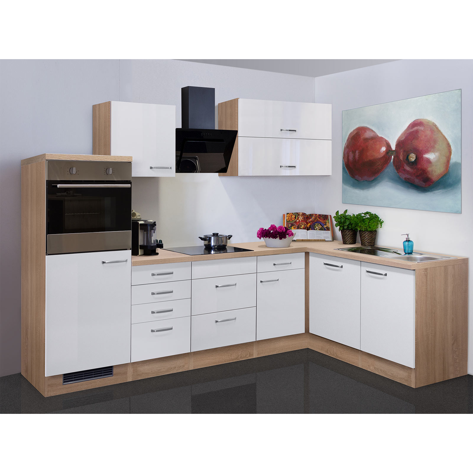 Winkelküche VALERO - weiß Hochglanz-Sonoma Eiche - mit E-Geräten - 280x170 cm