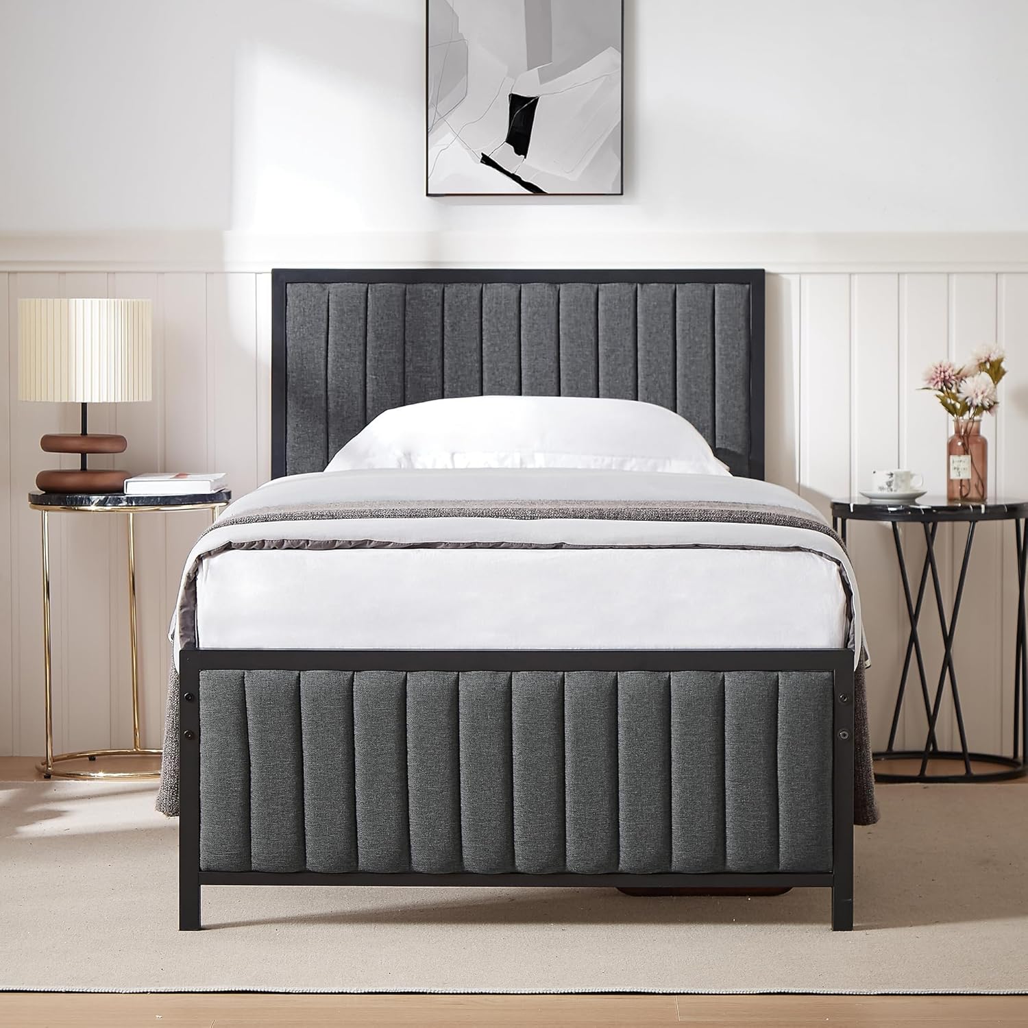 VECELO Bettgestell 90 x 200 cm, Metallbett Einzelbett mit Gepolstertem Kopf- und Fußteil, Bettrahmen mit Lattenrost, 32cm Höhe unter dem Bett, Kein Boxspring Erforderlich, Grau YX6078586