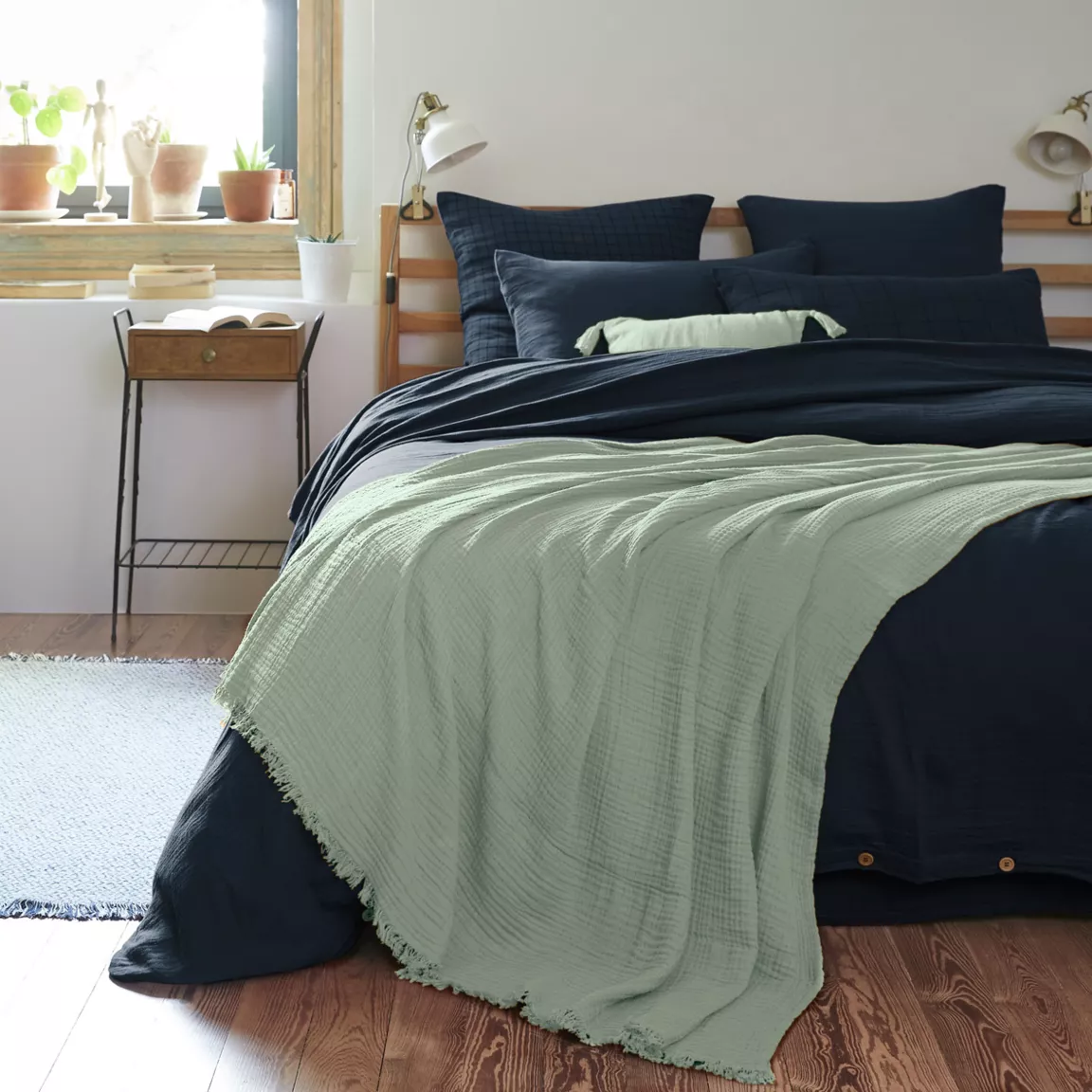 Plaid gaze de coton (180 x 220 cm) Gaïa Vert eucalyptus