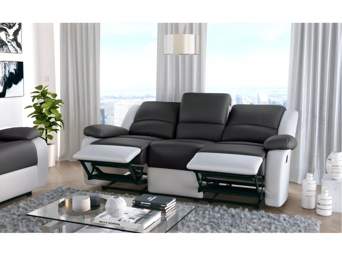 Canapé Relaxation 3 places Simili cuir Léo - Blanc et gris - L193 x 93 x 96cm - Loungitude