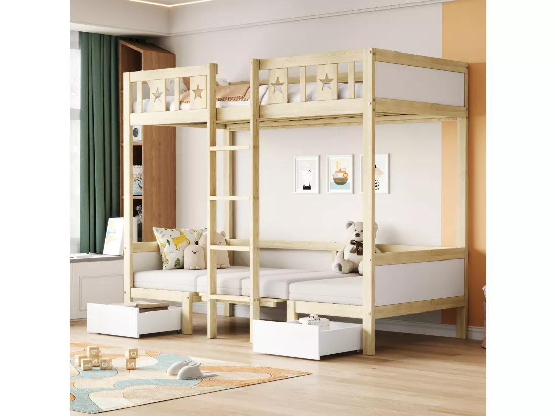 Lits superposés 2 x 90 x 200 cm avec 2 tiroirs - lit/bureau 2 en 1 - pin+contreplaqué+MDF - pour enfant - Naturel + blanc