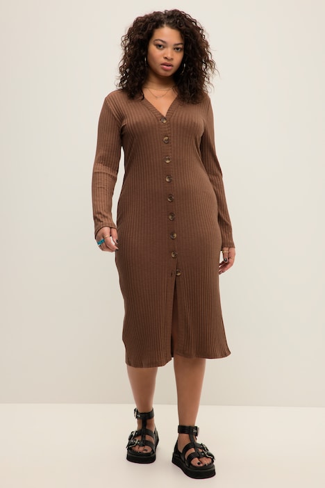 Midikleid, Slim Shape, Rippjersey, V-Ausschnitt, Langarm