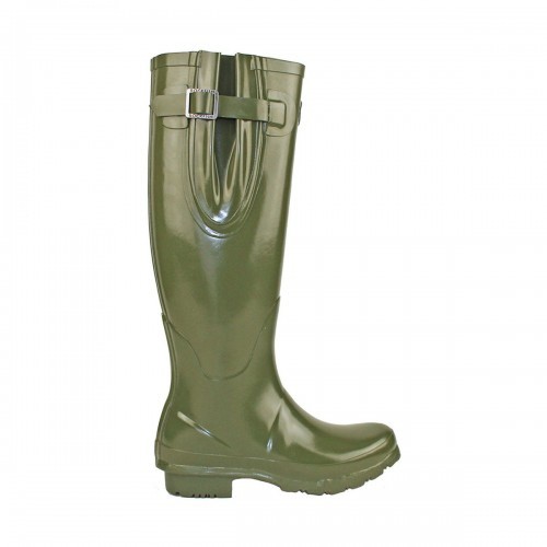 Botas de chuva femininas de cano alto ajustáveis com acabamento brilhante, cor verde-oliva escura.