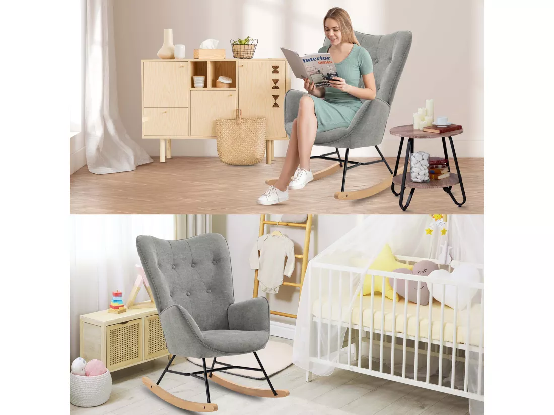 Fauteuil à Bascule Allaitement Scandinave Chaise Loisir et Repos en Tissu avec Pieds en E' Bois Métal pour Salon, Chambre, Massif, Gris Clair