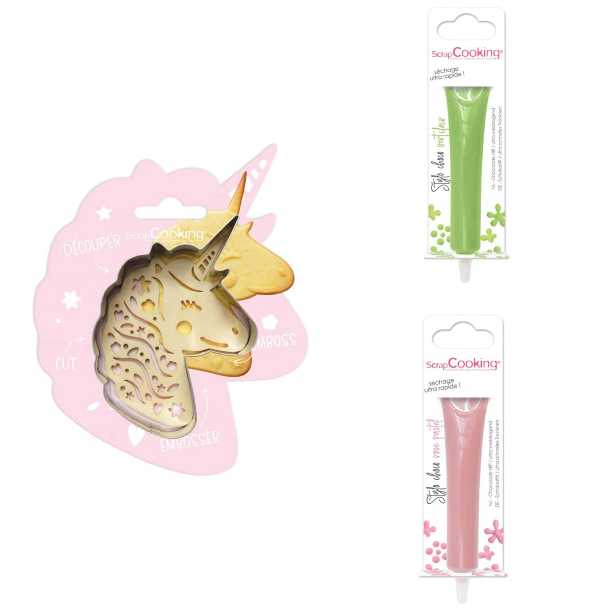 Kit pour biscuit en relief Licorne + 2 Stylos au chocolat vert clair e