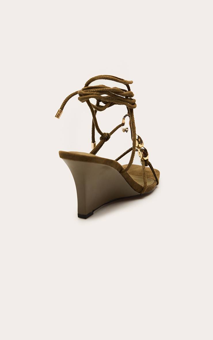 Vert Olive Compensées À Lacets En Synthétique Avec Finitions Dorées