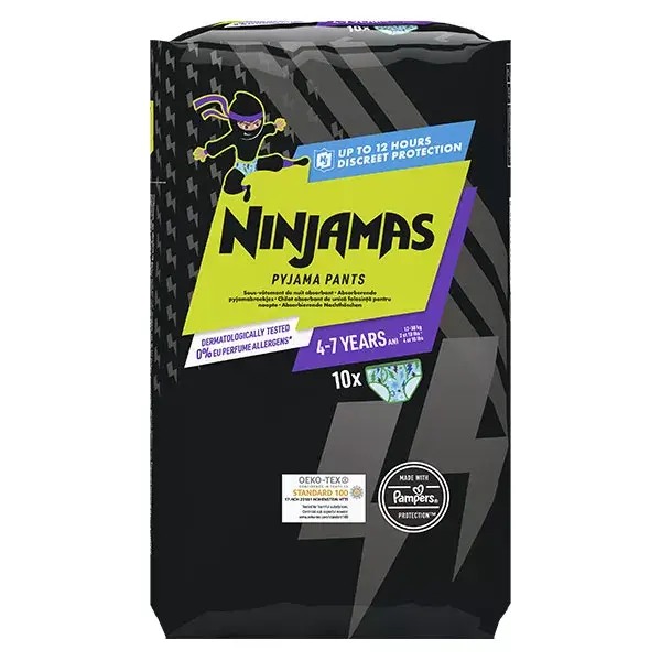 Calças de pijama Pampers Ninjamas para meninos, roupa íntima noturna absorvente, para crianças de 4 a 7 anos e com peso entre 17 e 30 kg, pacote com 10 unidades.
