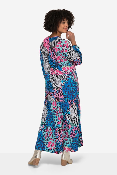 Maxikleid, farbiges Leo-Muster, Rundhals, Knopfleiste, Langarm
