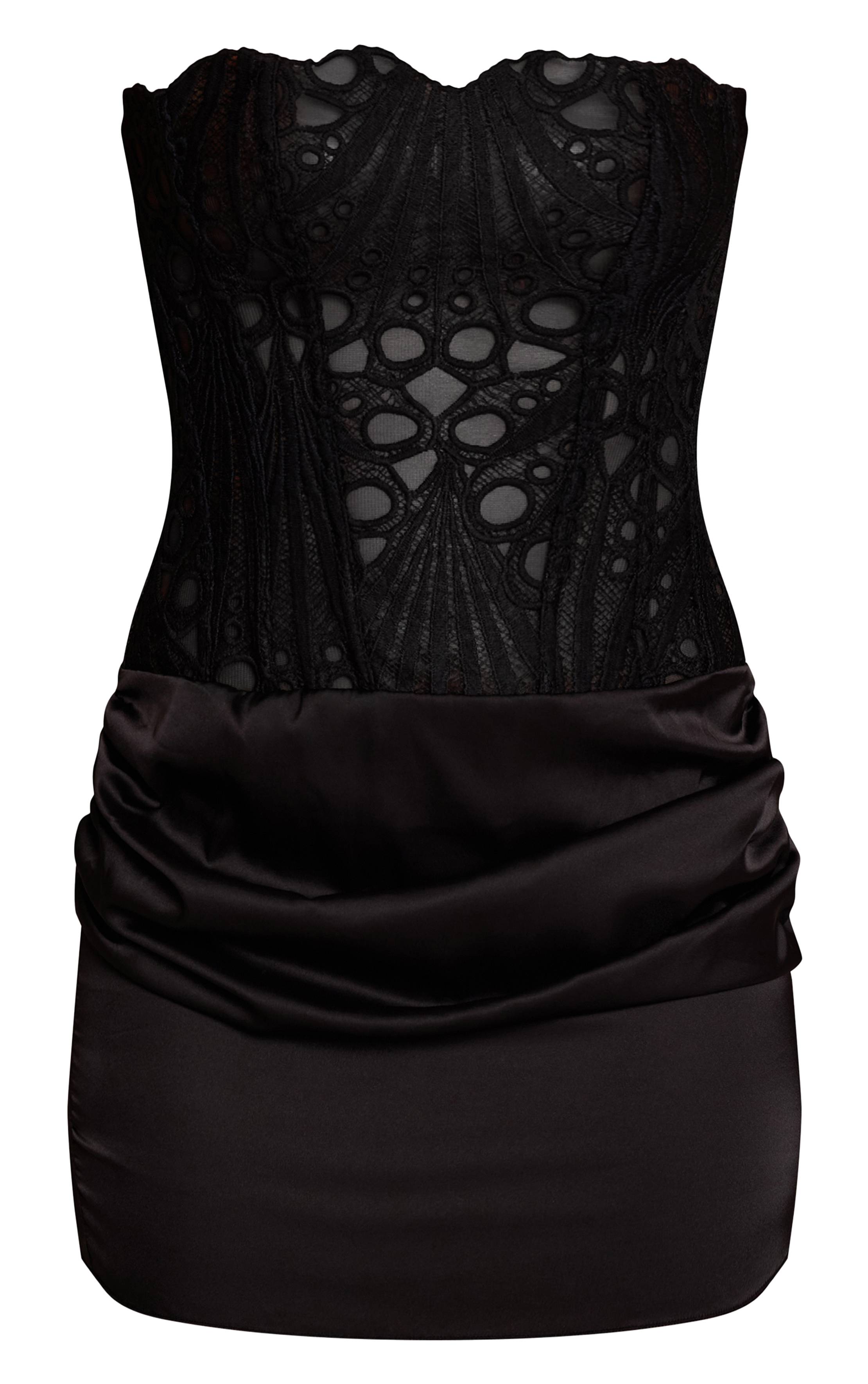 Noir Robe Courte Satinée Froncée À Détail Corset