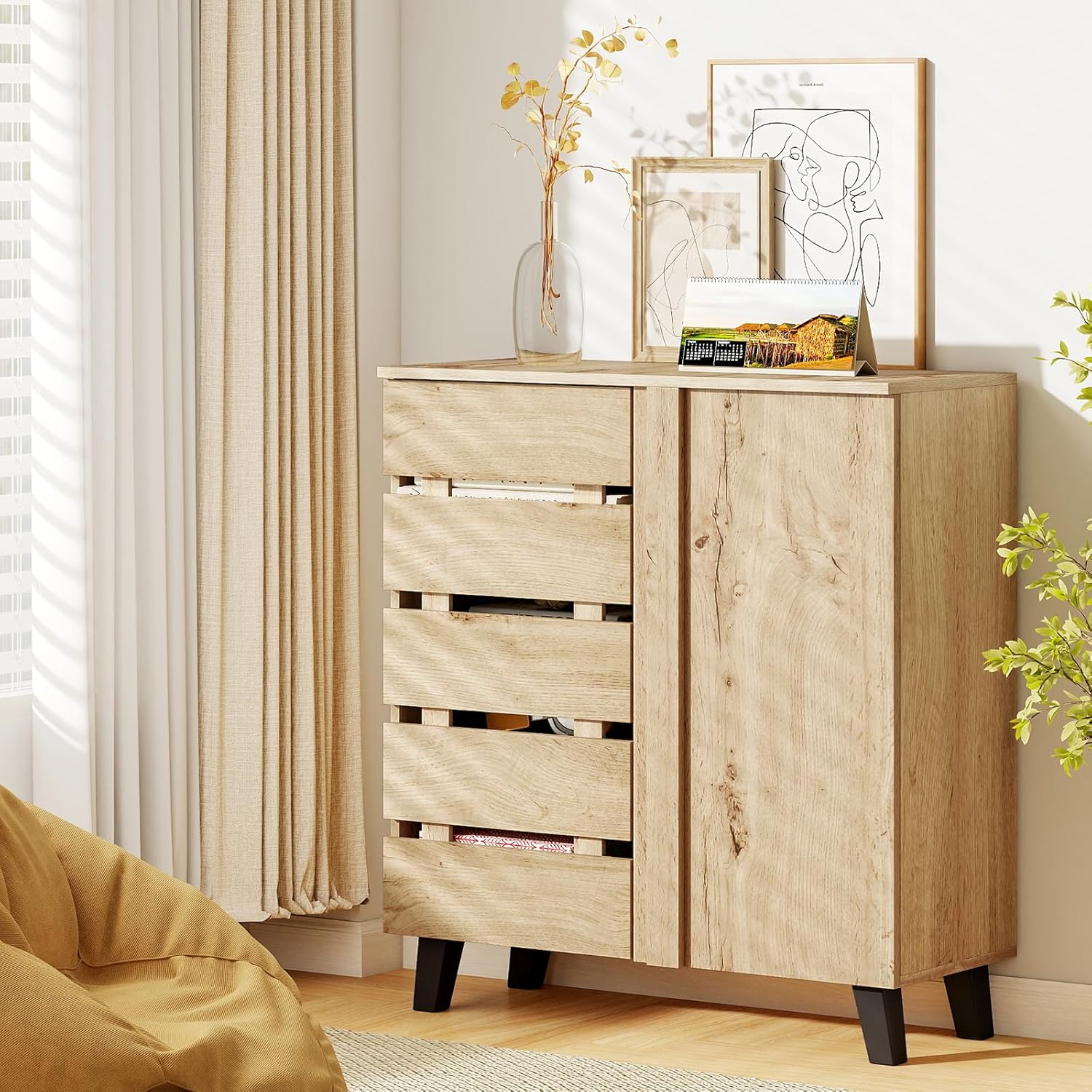 COSTWAY Meuble a Chaussure à 4 Niveaux, 3 Étagères Amovibles et Portes, Meuble Chaussure Entree 16 Paires, Pieds Surélevés, Dispositif Anti-Basculement, Meuble de Rangement pour Entrée Salon, Naturel II8340796