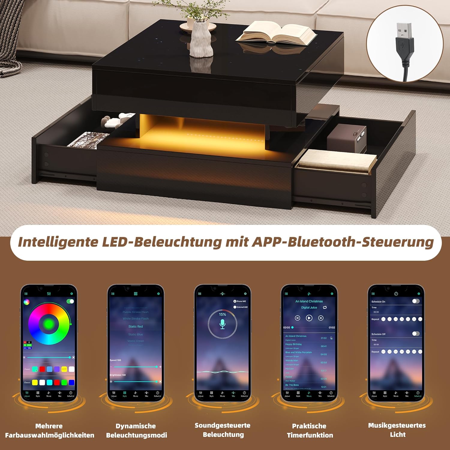Merax Couchtisch mit Höhenverstellbarer Platte, Hochglanz Wohnzimmertisch mit LED, Sofatisch Kaffeetisch mit 2 Schubladen, Versteckte Stauraum, Quadratische Beistelltische für Wohnzimmer Büro, Schwarz
