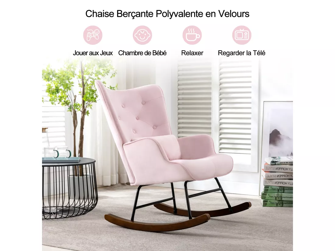 Fauteuil à Bascule Rembourré en Velours Moderne pour Salon, Chaise à Bascule à Dossier Haut avec Pieds en Bois, Rose