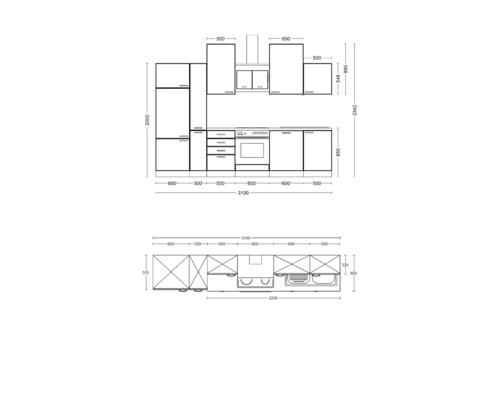 Flex Well keukenblok met apparatuur Cara 310 cm groen eiken mat gedemonteerd omkeerbaar model 00012745