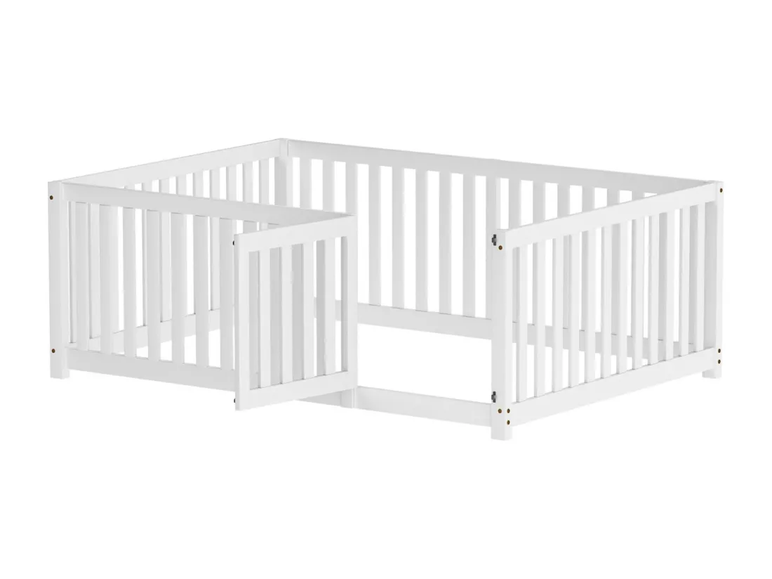 Lit cabane enfant 140x200cm, cadre de lit, sans sommier à lattes, lit enfant avec clôture et porte, Pin, Blanc