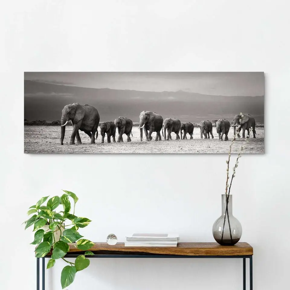 Schilderij Kudde Olifanten - 40x118cm - Zwart-Wit