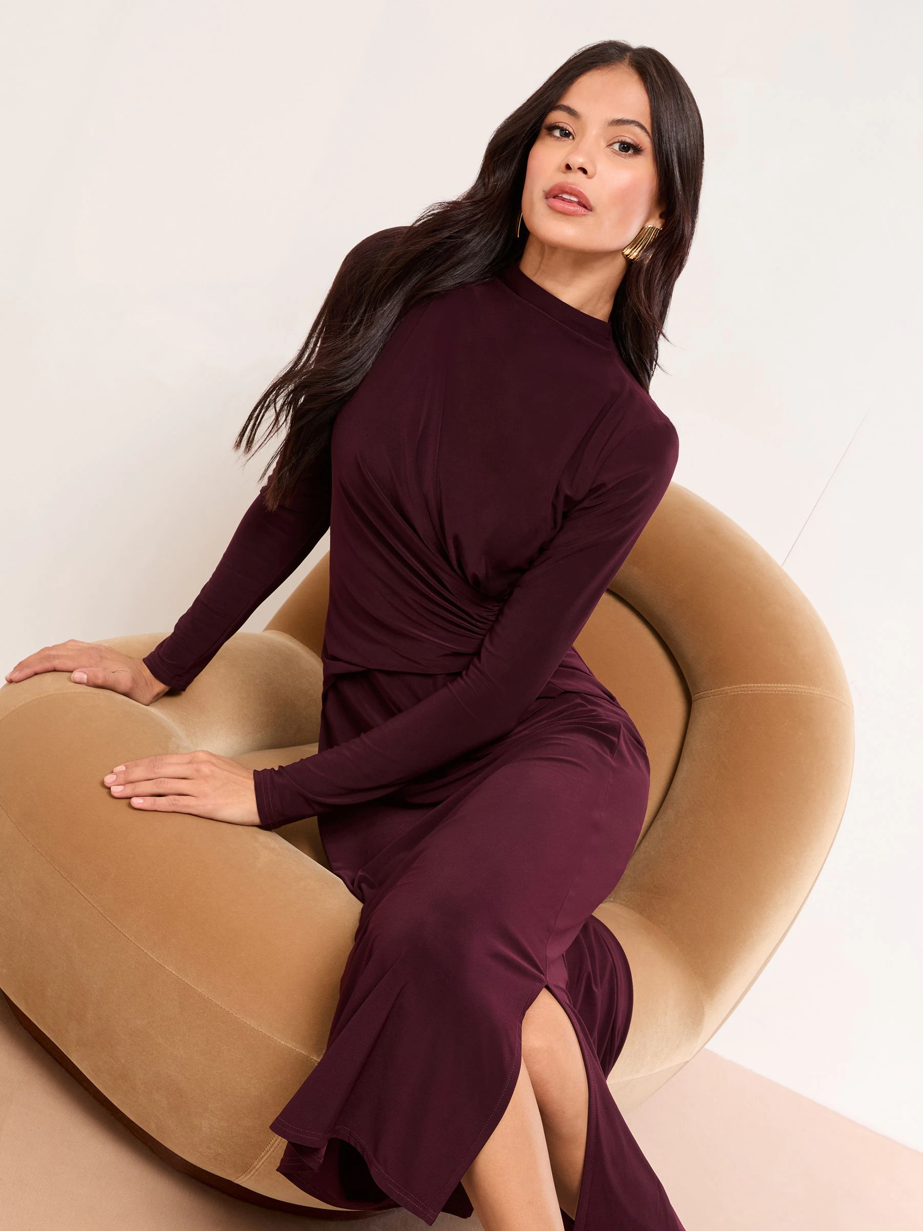 Lipsy Long Sleeve Jersey Knot side Midi Dress