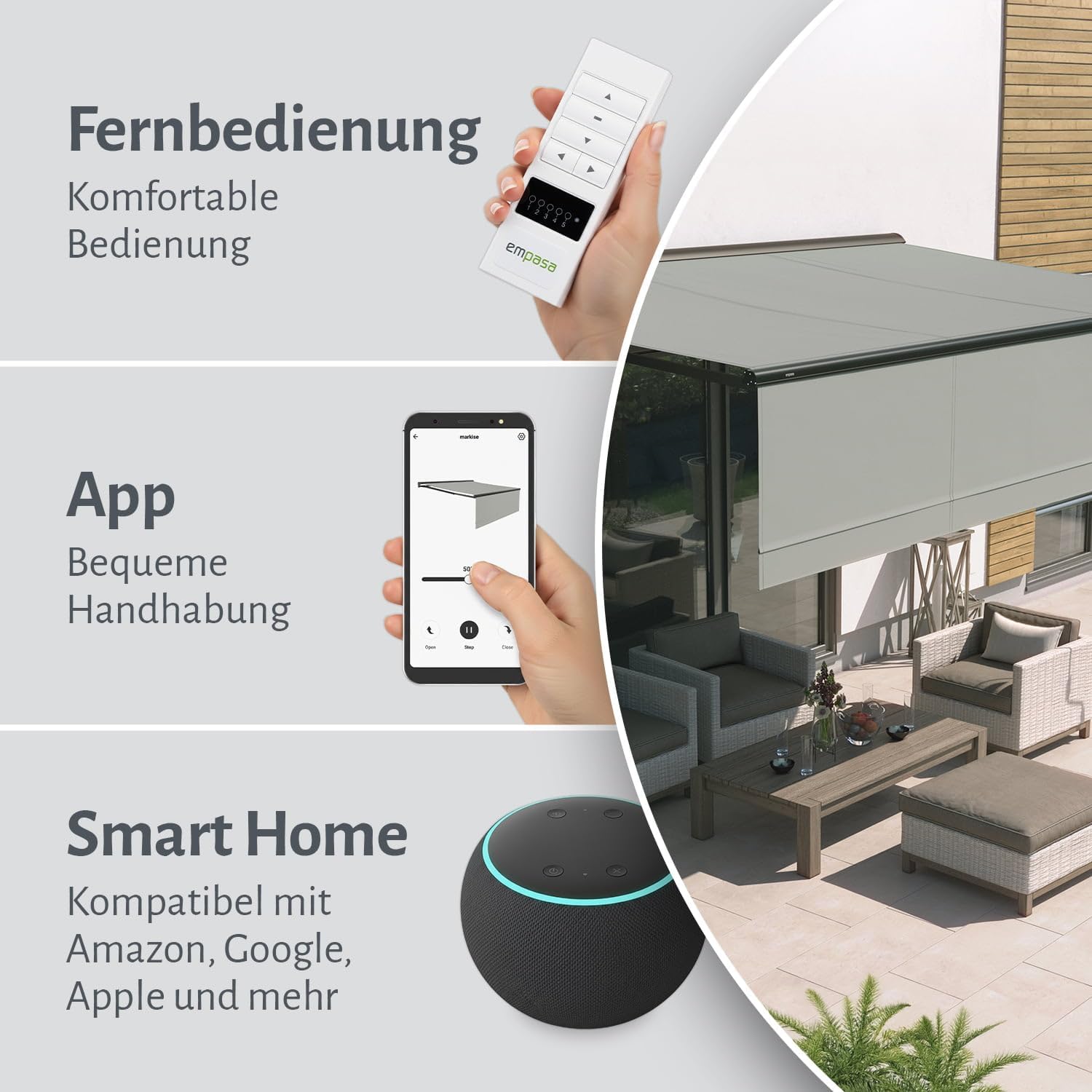 empasa elektrische Kassettenmarkise Expert Plus Markise mit WiFi-Motor Smart Home kompatibel, Terrassenüberdachung mit Volant, komplett vormontiert, Größe:3.5 x 2.5 m, Stofffarbe:Elfenbein