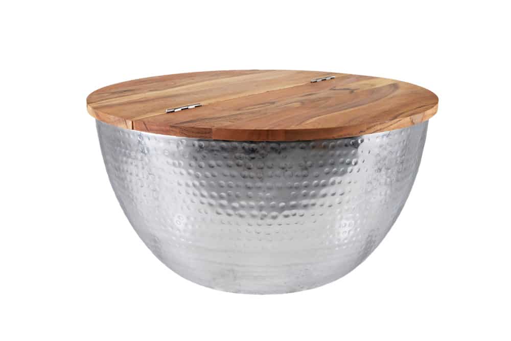 Runder Couchtisch ORIENT STORAGE 60cm silber Akazienholz mit Stauraum Hammerschlag handmade