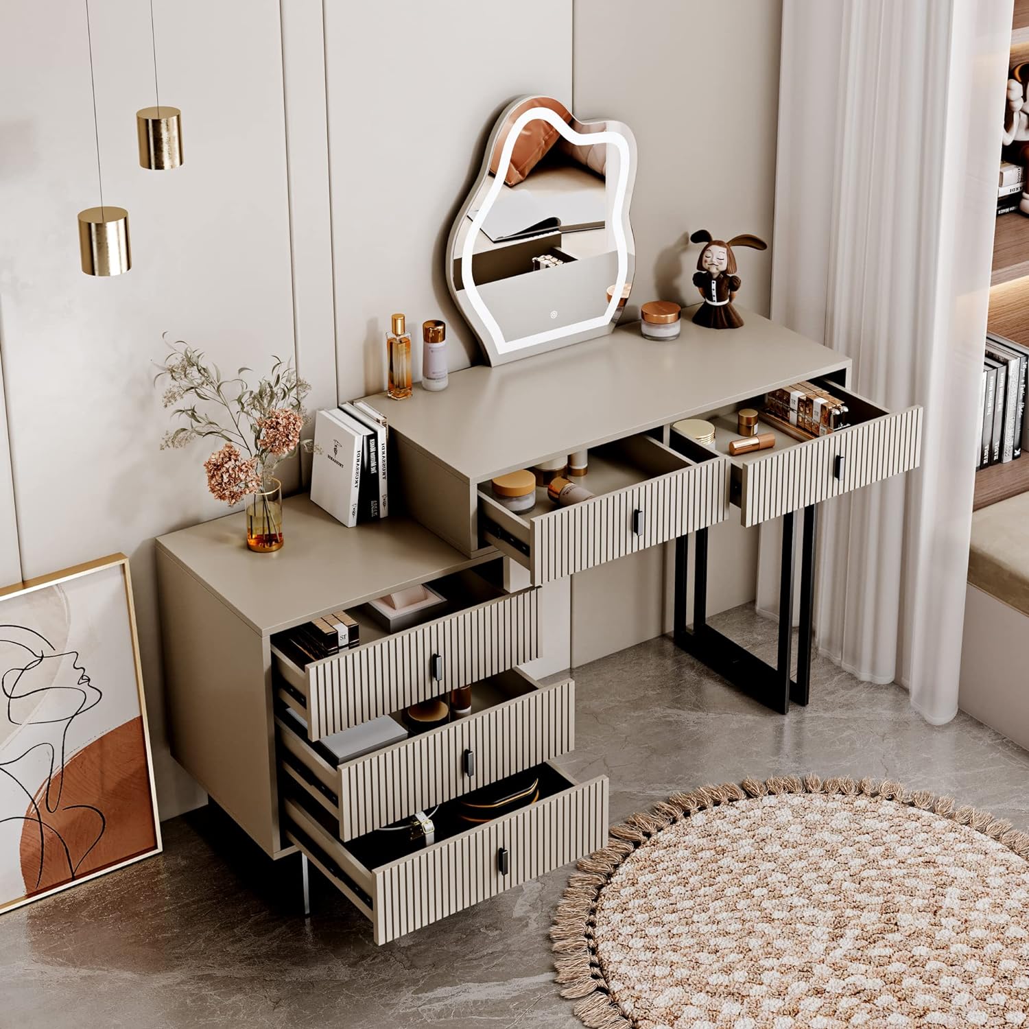 Cômoda leejdn com espelho regulável com tela sensível ao toque de 3 cores, penteadeira moderna para maquiagem com armários ajustáveis e 4 gavetas deslizantes, ideal para lavabo e quarto.