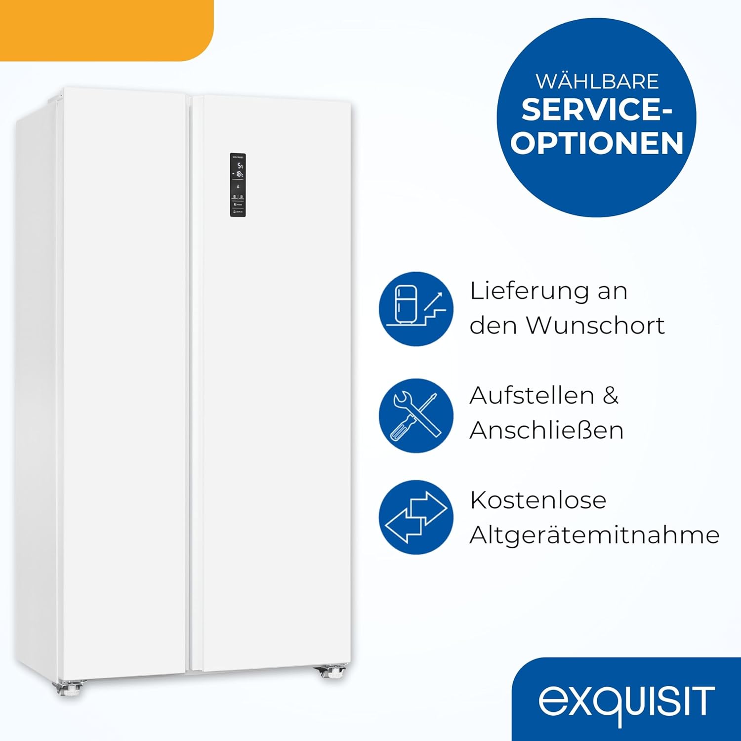 Exquisit Side-by-Side Kühl-Gefrierkombination, 442 Liter, No-Frost, LED-Display, 10 Ablagen, leiser Betrieb, 91 cm Breite, SBS546-040E weiss