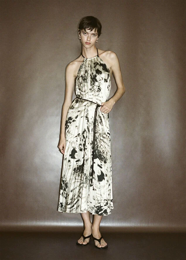 MANGO Pleated animal print dress Light beige
