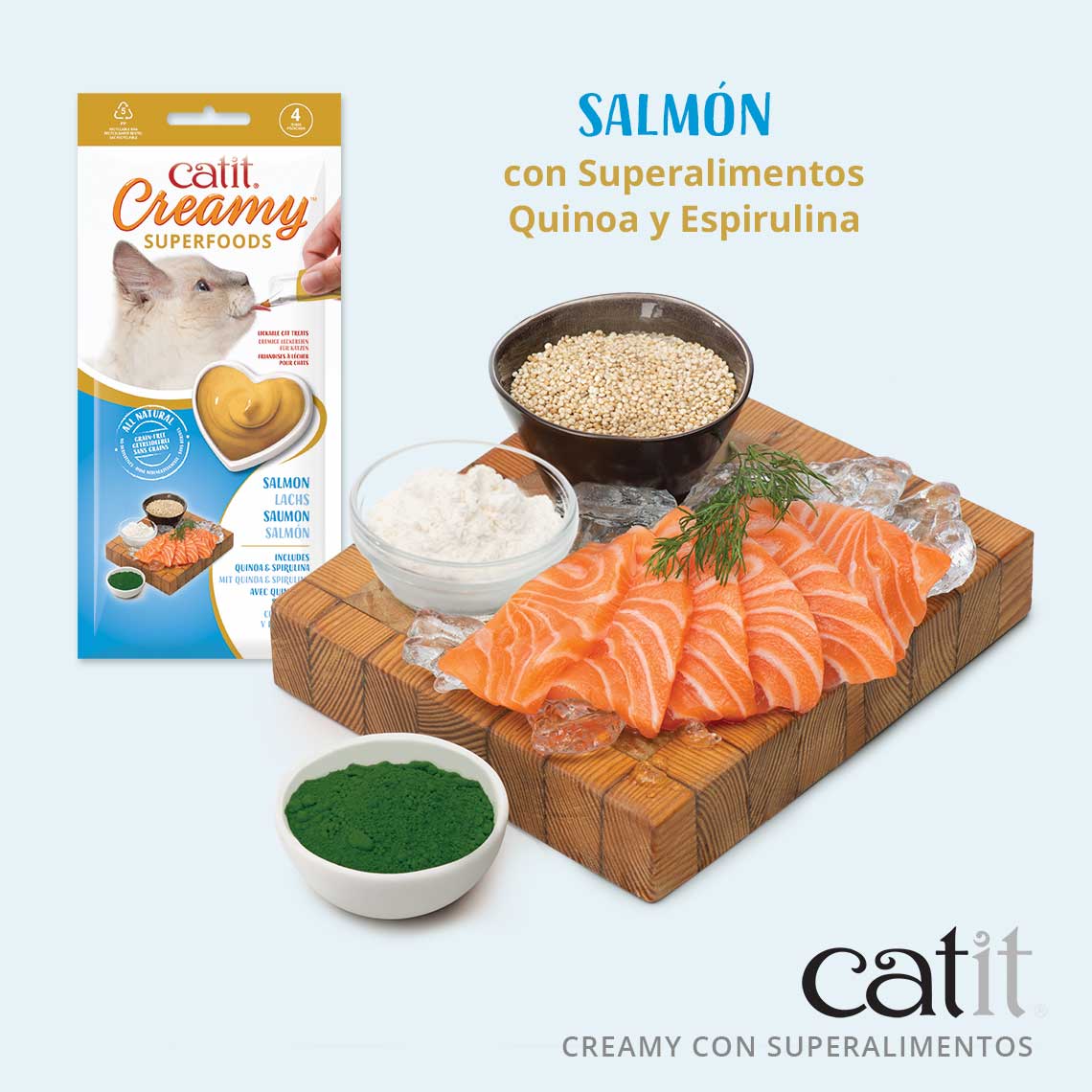 Catit Petisco Líquido Cremoso para Gatos com Superalimentos Salmão com Quinoa e Spirulina, 4x10g