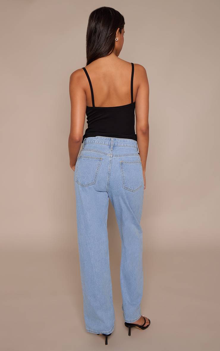 Light Blue Wash Jean Droit À Détails De Coutures À Panneaux
