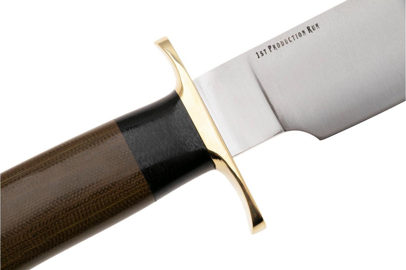 Bark River Mike Stewart Bowie Satin A2, Green Canvas Micarta, vaststaand mes