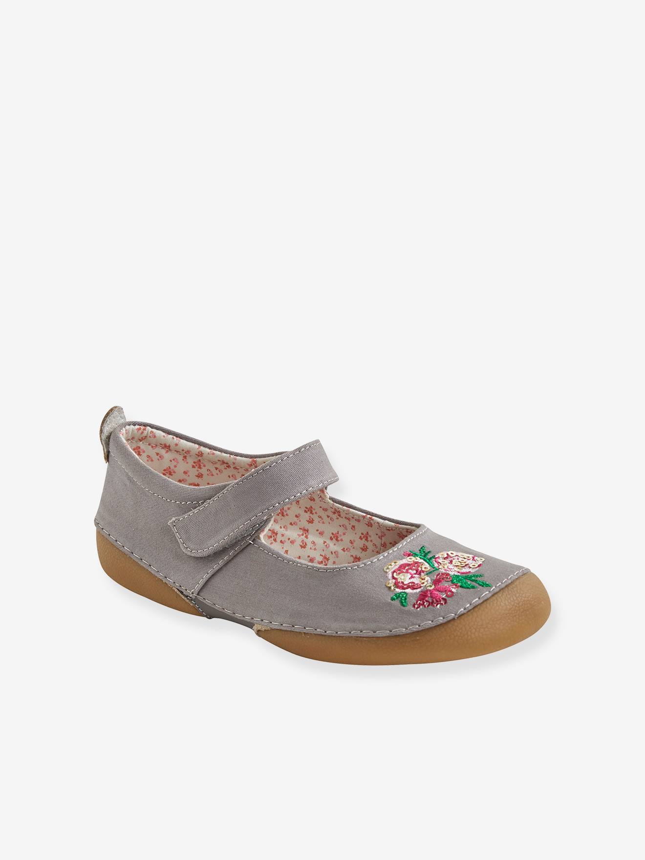 Pantufas de lona com tira autoadesiva, cinza médio, lisas com estampas, para meninas.