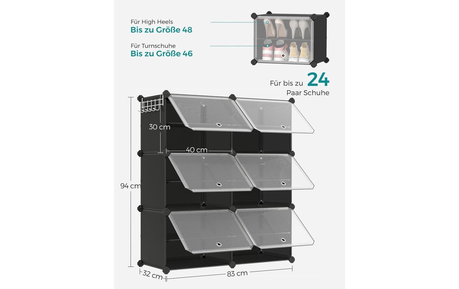 Schuhboxen stapelbar 124 x 94 cm, SchwarzSchuhregal mit 6 Fächern