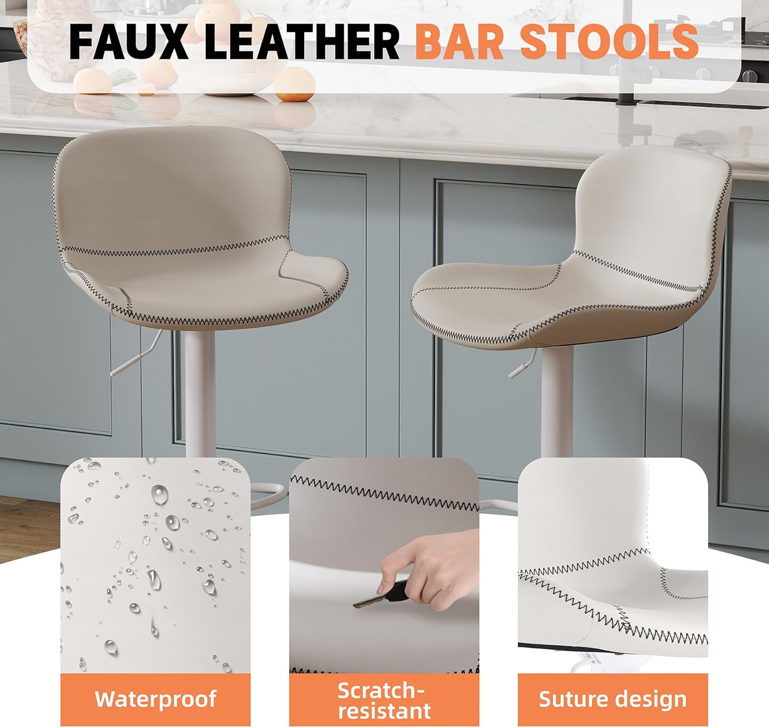 Youhauchair Barhocker 2er Set, Barhocker Höhenverstellbar aus Kunstleder, wasserdicht und verschleißfest, Barhocker mit Lehne, Drehbarer bar Stool, modern, Weiß