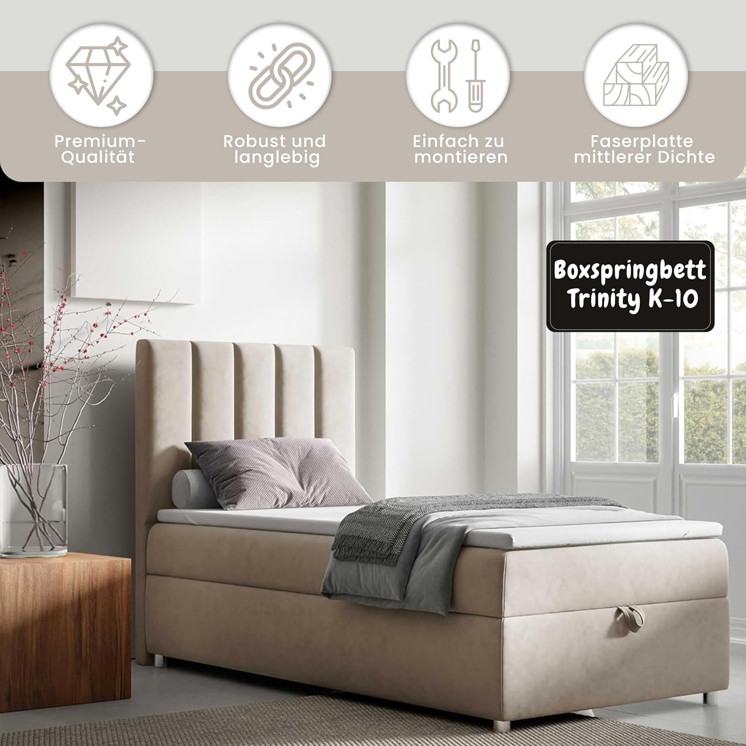 Trinity K10 EinzelBett | Boxspringbett mit Bonell Federkernmatratze 90x200 | MatratzenTopper 90x200 | Bett mit Matratze | Bett mit Stauraum