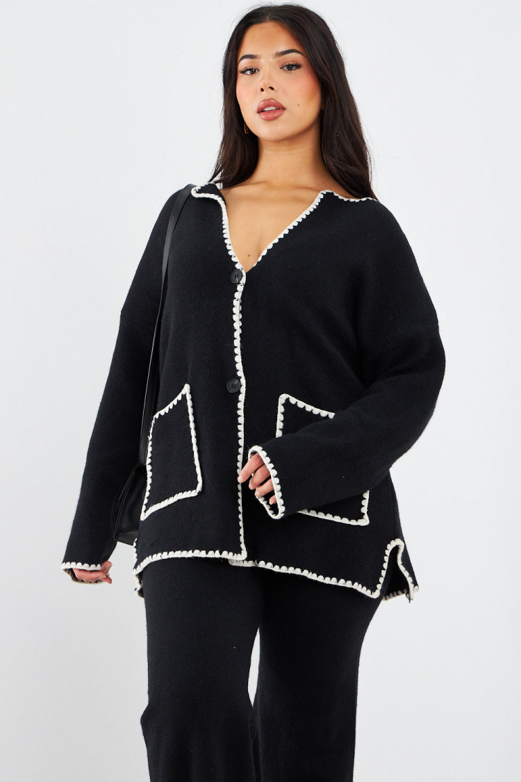 Ensemble 2 pièces qualité supérieur gilet + pantalon noir à coutures blanches